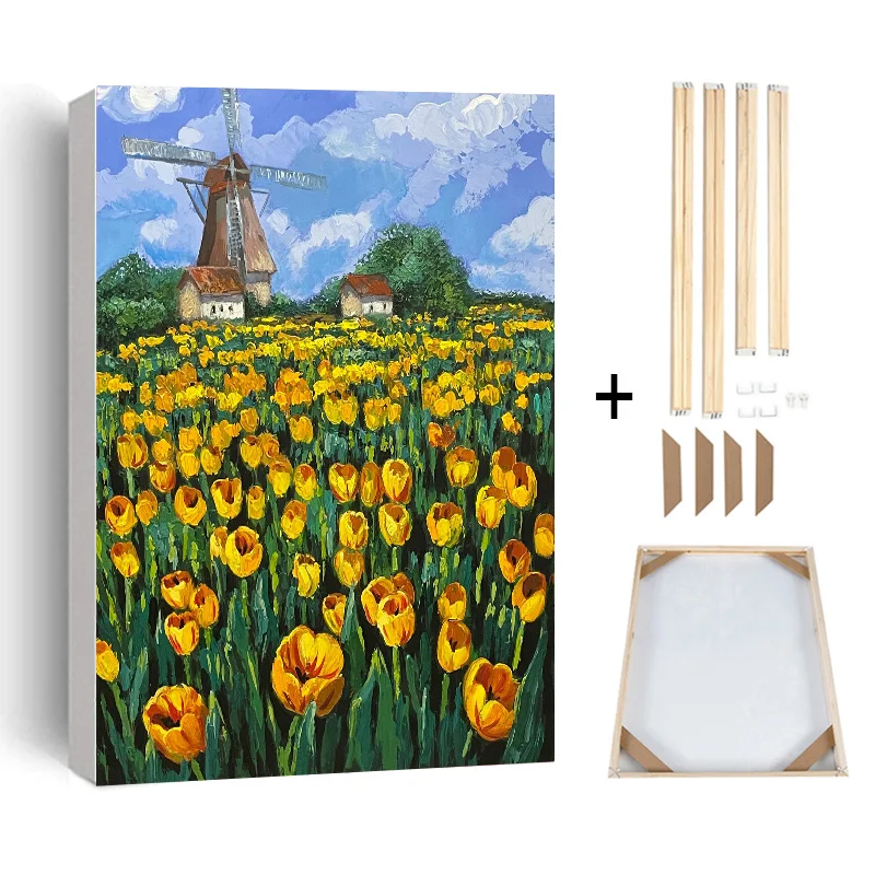 Windmill Tulip Flower Landscape Poster Blue Lotus Canvas Painting Pastoral Landscape Prints for Living Room Home Decoration