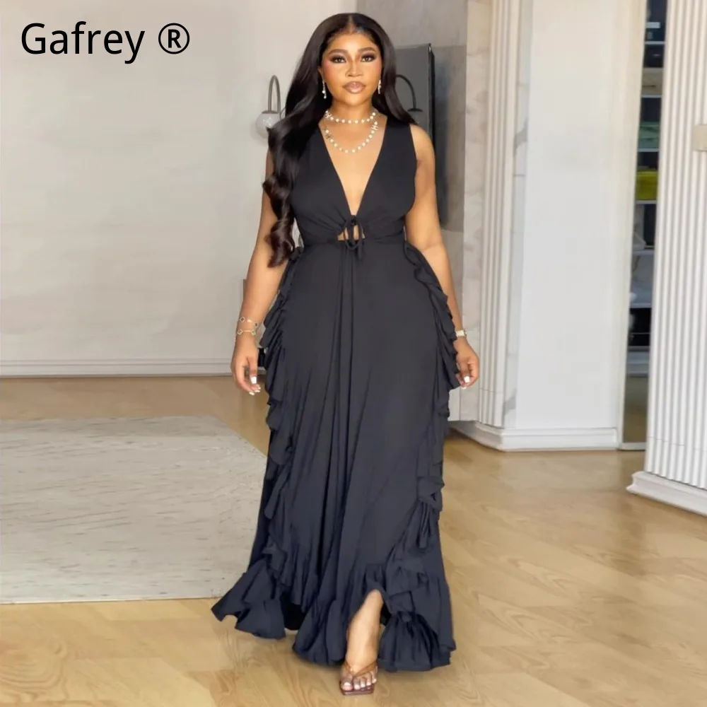 

Plus Size Women Sexy Off Shoulder Ruffle Trim High Waist Crop Cami Dress Elegant Party Clubwear Fashion European Style Dresses