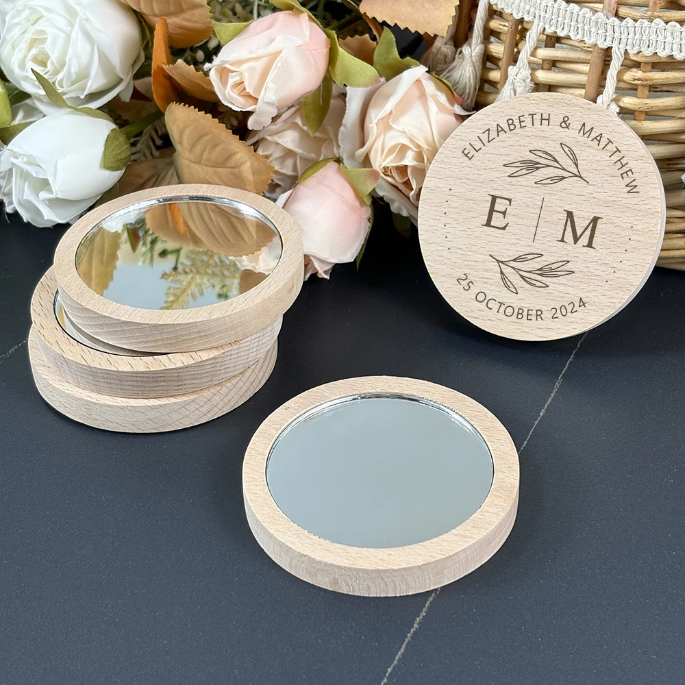 Wedding Guest Gifts Personalized Wooden Pocket Mirror with Box Wedding Favors Souvenirs for Guests Custom Wood Compact Mirrors
