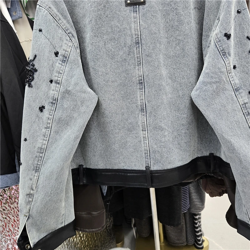 Autumn New Beaded Flowers Faux Pu Leather Patchwork Short Denim Jacket Women Vintage Lapel Long Sleeve Jeans Jacket Streetwear