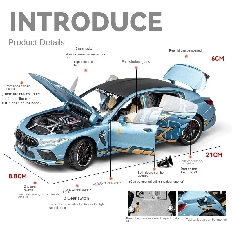 BMW M8 modelo supercar para crianças, carro de liga, som e luz, puxar para trás, Die Cast, brinquedo infantil, colecionáveis, presente de