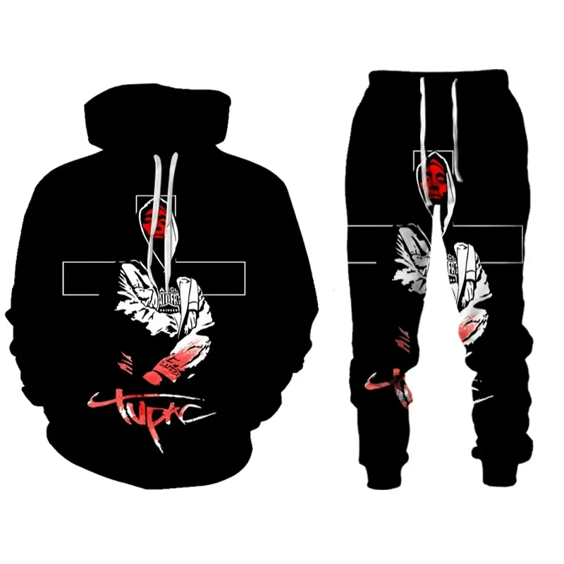 Homens Tupac 3D impresso Hoodie Suit, Rap Singer 2 PAC Vestuário, moletons casuais, moletom, moda conjunto de treino, 2 pcs