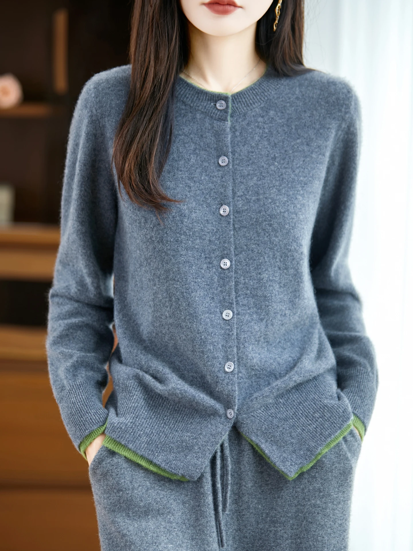 

Модный весенний свитер из 100% мериносовой шерсти, женский кардиган с круглым вырезом, кашемировый свитер, корейский стиль, трикотаж, женский топ