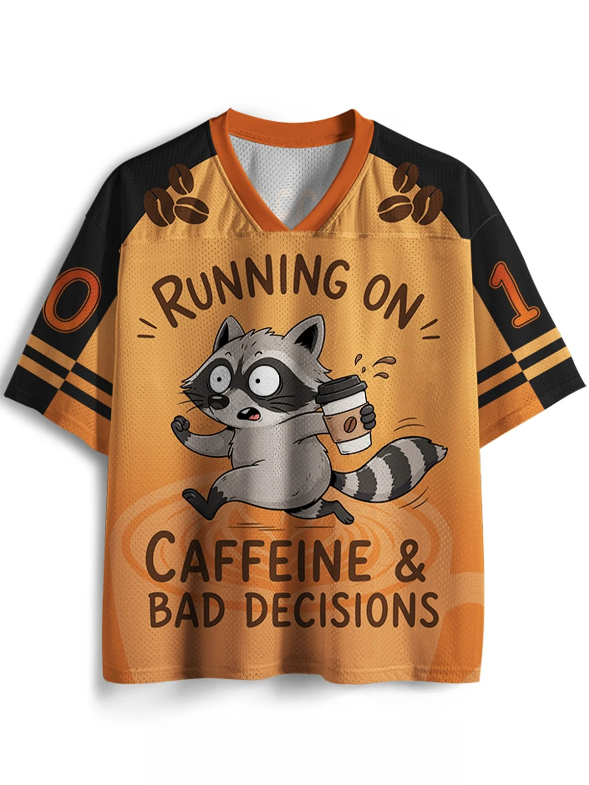 Unisex Y2K Cartoon Raccoon Coffee Graphic Mesh Jersey V‑Neck Short Sleeve Breathable Loose Streetwear Personality Sports Tops