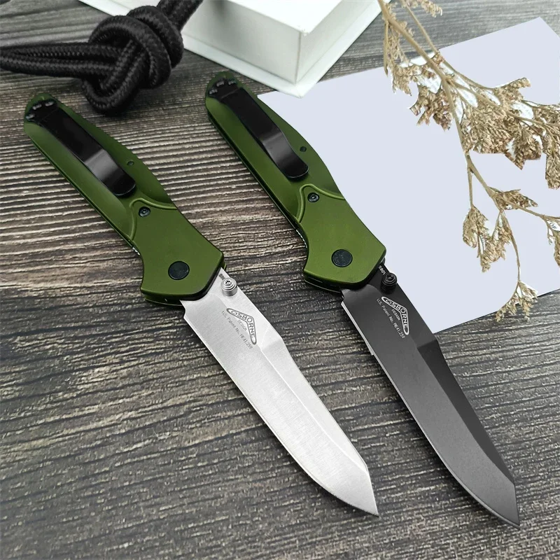 

2 Models 940BK Folding Pocket Knife Satin Plain Blade, Green Aluminum Handles Outdoor Survival Tactical Military Knives