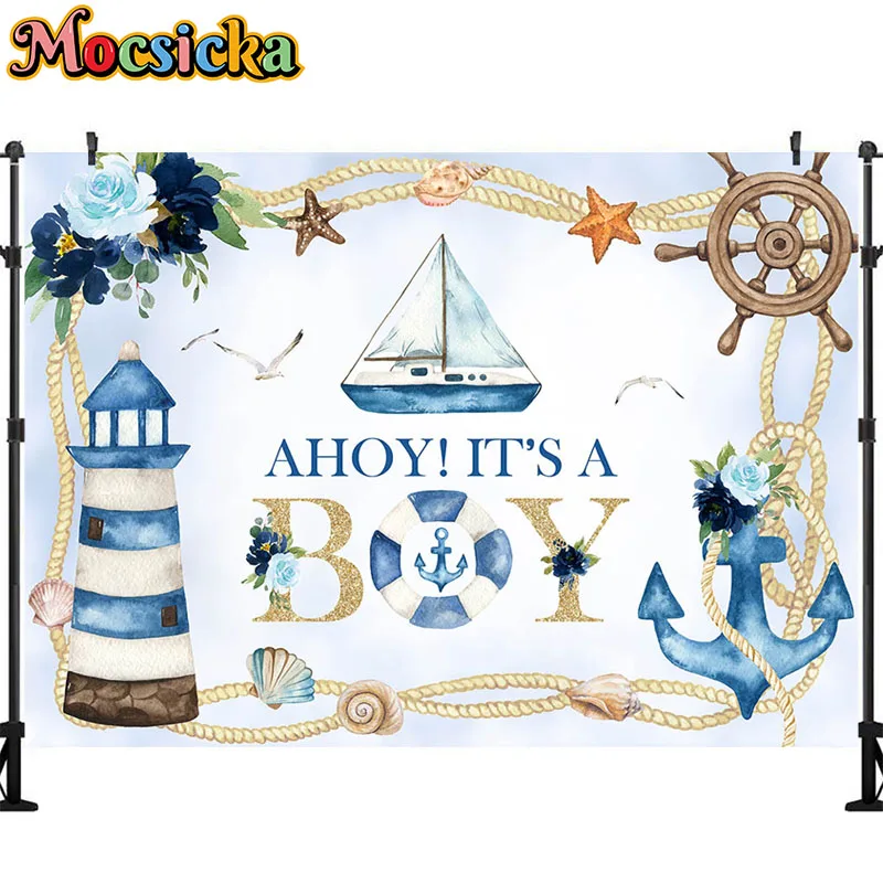 Mocsicka-Fondo de decoración de Océano Azul para niño, telón de fondo de cumpleaños con tema de marinero, ancla de Faro, accesorios de fotografía para estudio