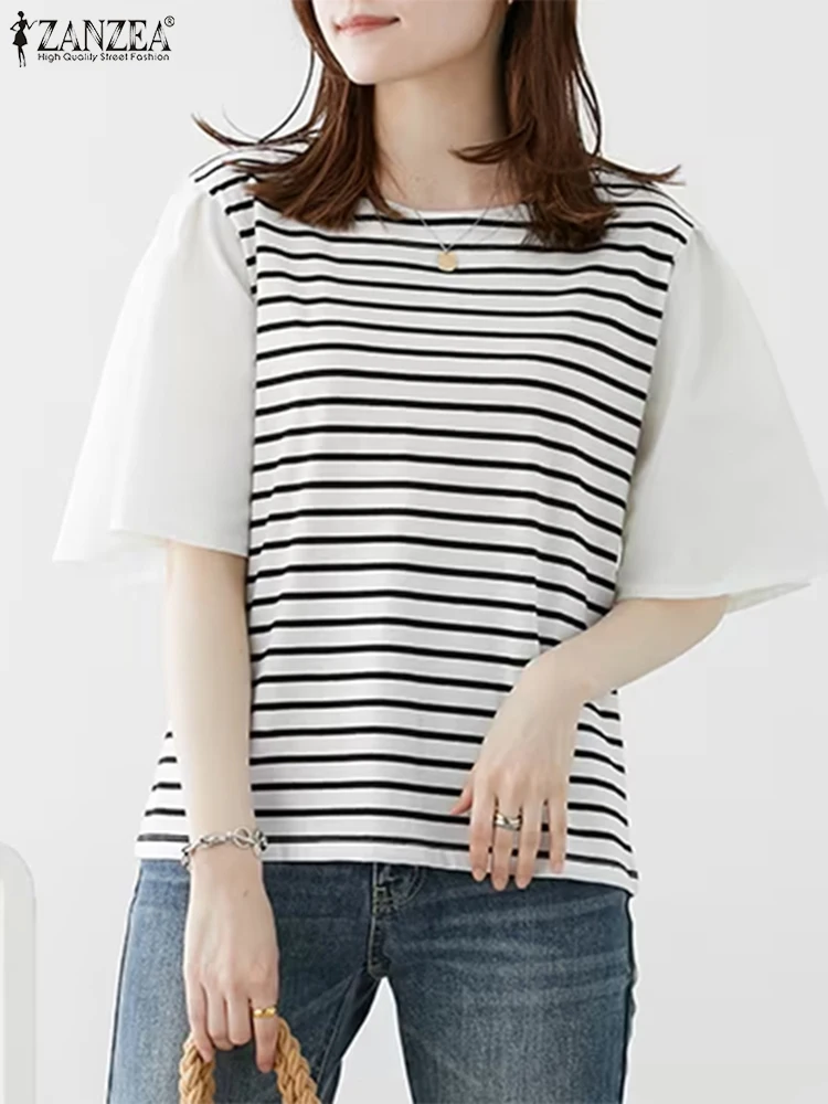 

ZANZEA Summer Elegant Short Sleeve OL Work Shirt Women Patchwork Blouse Fashion Striped Tops Tunic Femme Casual Holdiay Blusas