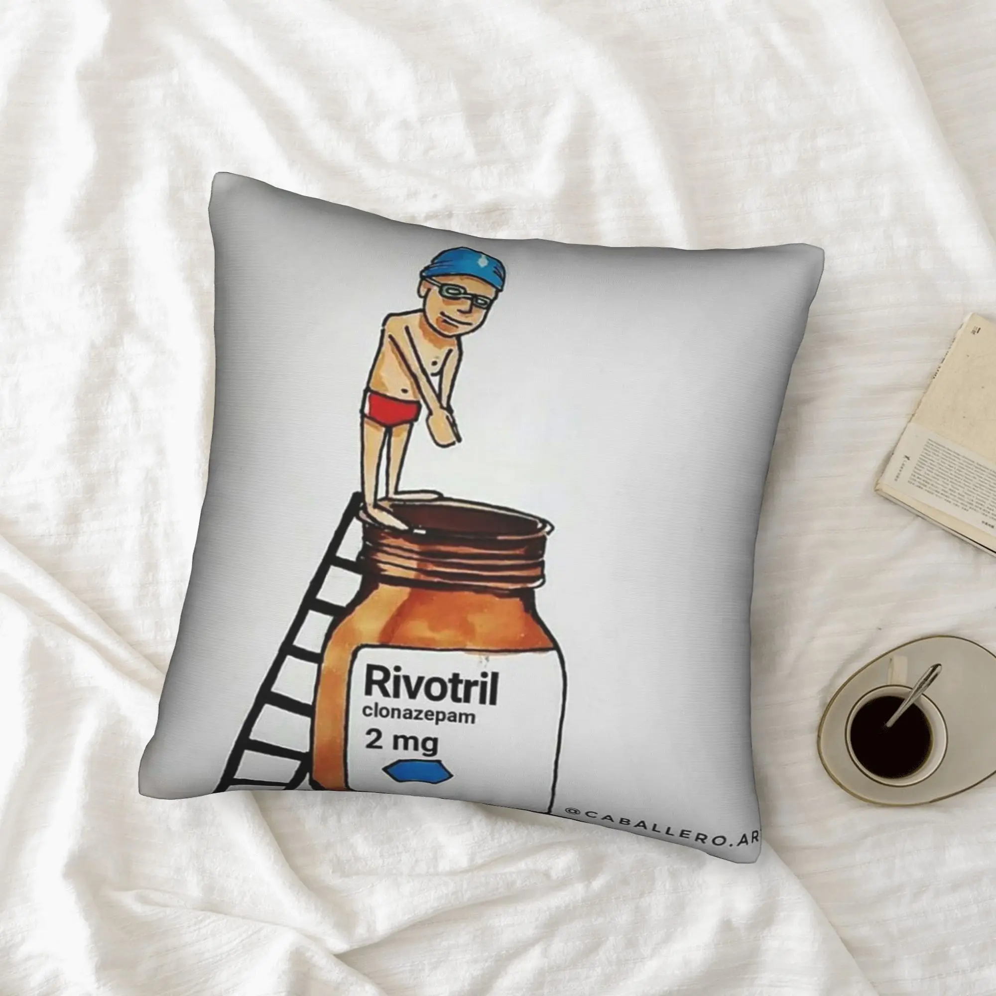 1pcs whimsical swimmer on medicine bottle art pillow cover abstract humor design cushion for sofa living room decor 45x45cm