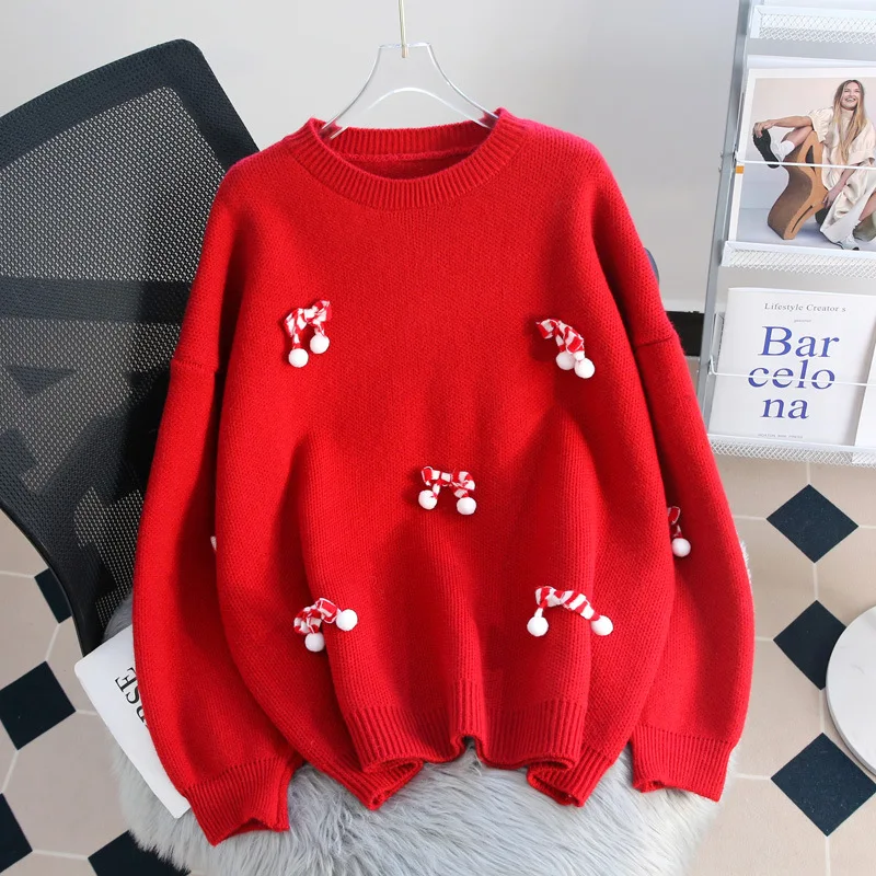 

Hsa Bow Christmas Red Sweater Women New Year Sweater Autumn and Winter Loose Lazy Style Soft Waxy Korean Knitted Sweater Tops