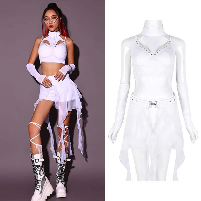 Pole Dance Clothing Women Jazz Costume White Suit Tops Shorts Hip Hop Gogo Dance Performance Outfit Rave Drag Queen Wear BL12901