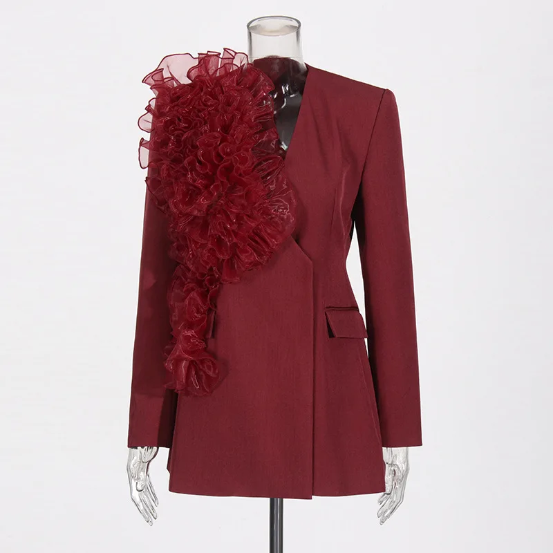 ZAMOR HIGH QUALITY Women's Mesh Splicing Angora Red Blazer 2026 New Vintage Solid Color Office Jacket