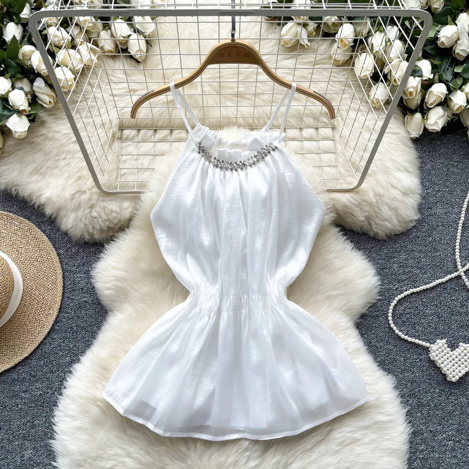 여성용 모조 다이아몬드 시크 쉬폰 오프 숄더 캐미스 슬림 탱크 탑, 우아한 기본 크롭 탑, 여름 뷔스티에 