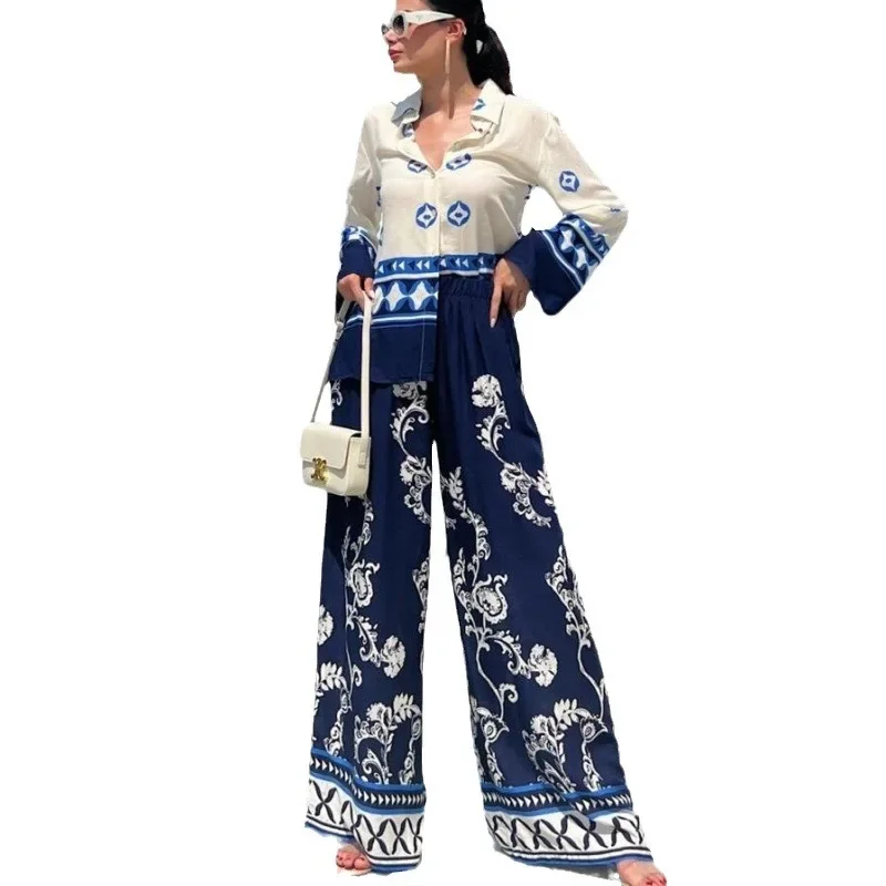 Women Fashion Print Wide Leg Pants Suits Casual Long Sleeves Lapel Buttons Shirts 2 Piece Sets 2024 Female Loose High Streetwear