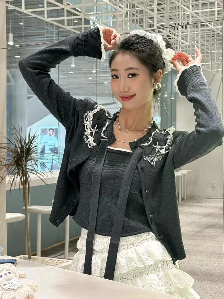 

Высококачественный корейский винтажный цветной кружевной жемчужный бисер с поясом вязаный открытый кардиган для женщин осень-зима Новое поступление