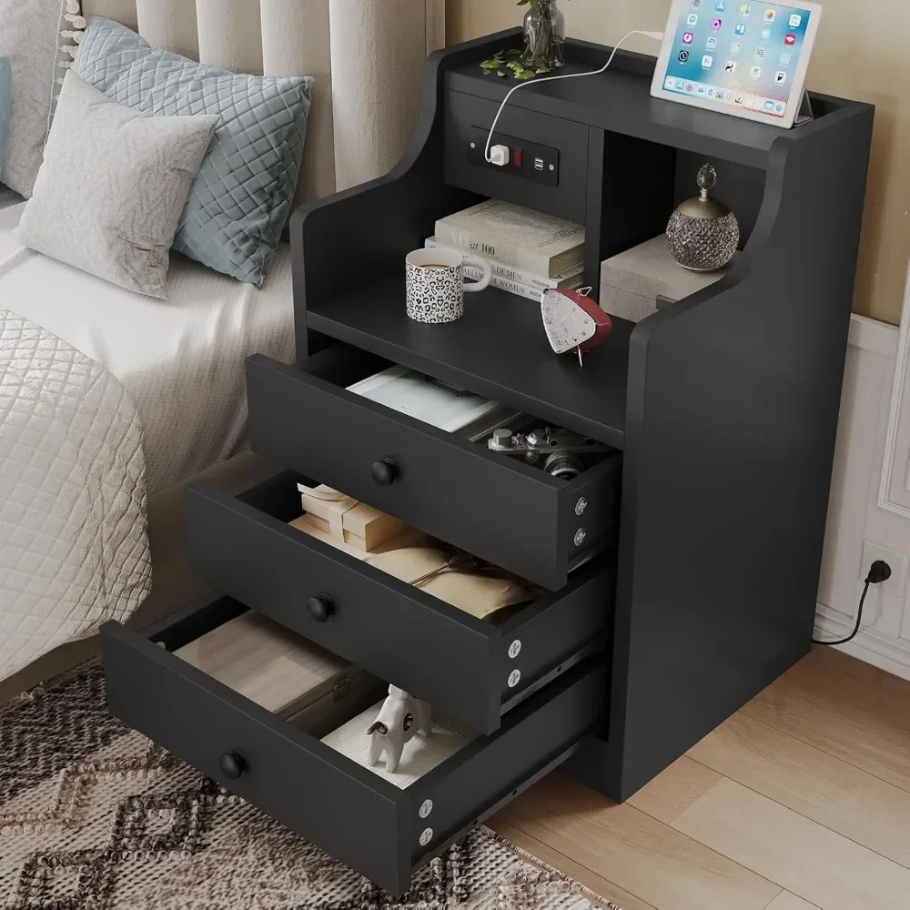 Customizable-Black Nightstand With Charging Station 3 Drawers, Wood Sofa End Side Table With USB Ports And Outlet, Bedside Table
