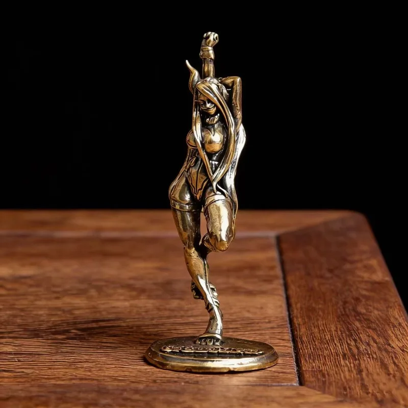 Brass Horned Female Warrior Figurine Vintage Mini Statue Desktop Ornament Art Collectible Tabletop Decoration Gift