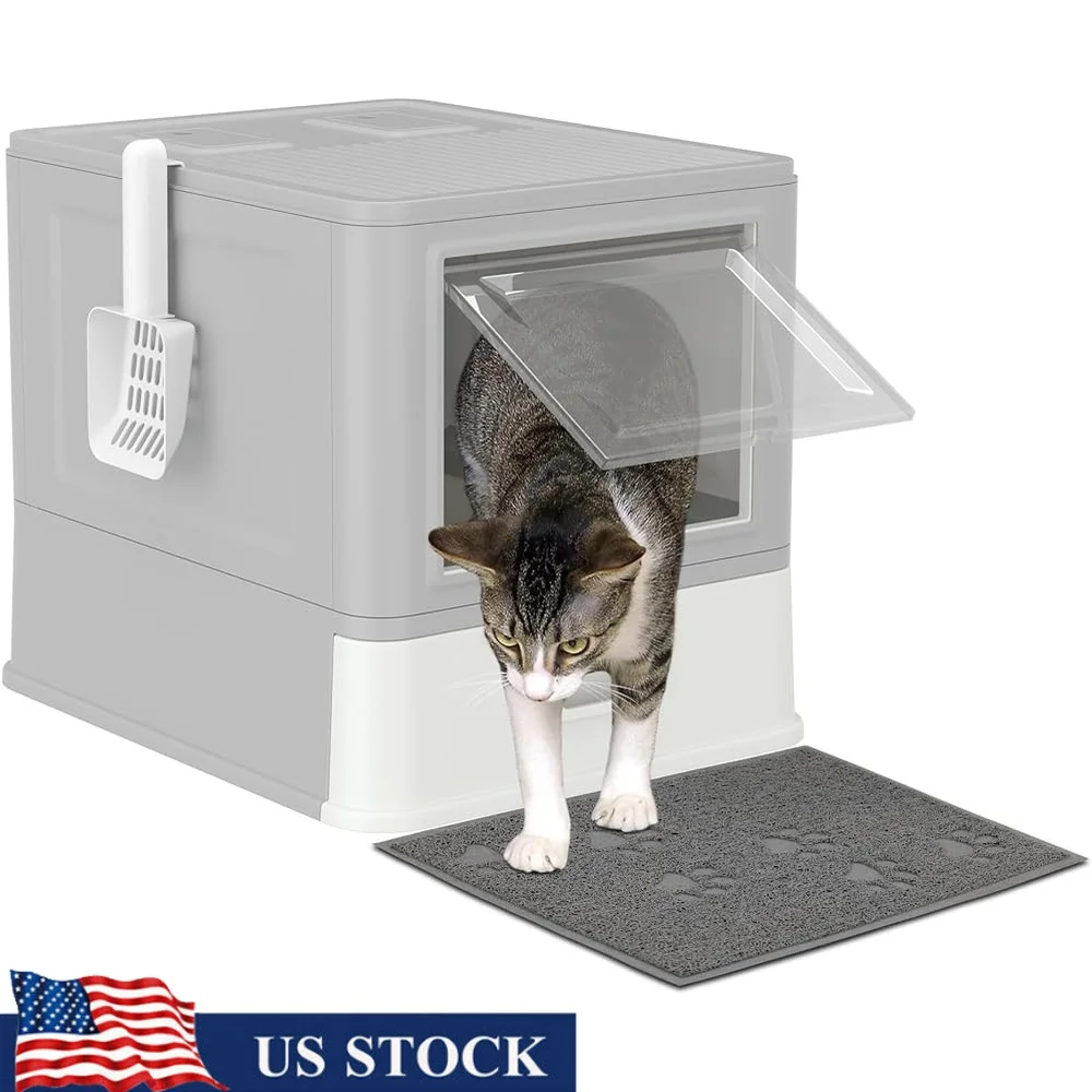 

High Sided Enclosed Cat Litter Box with Lid Odor Control Anti-Leakage Easy Clean Design Pull Out Drawer Litter Scoop Mat