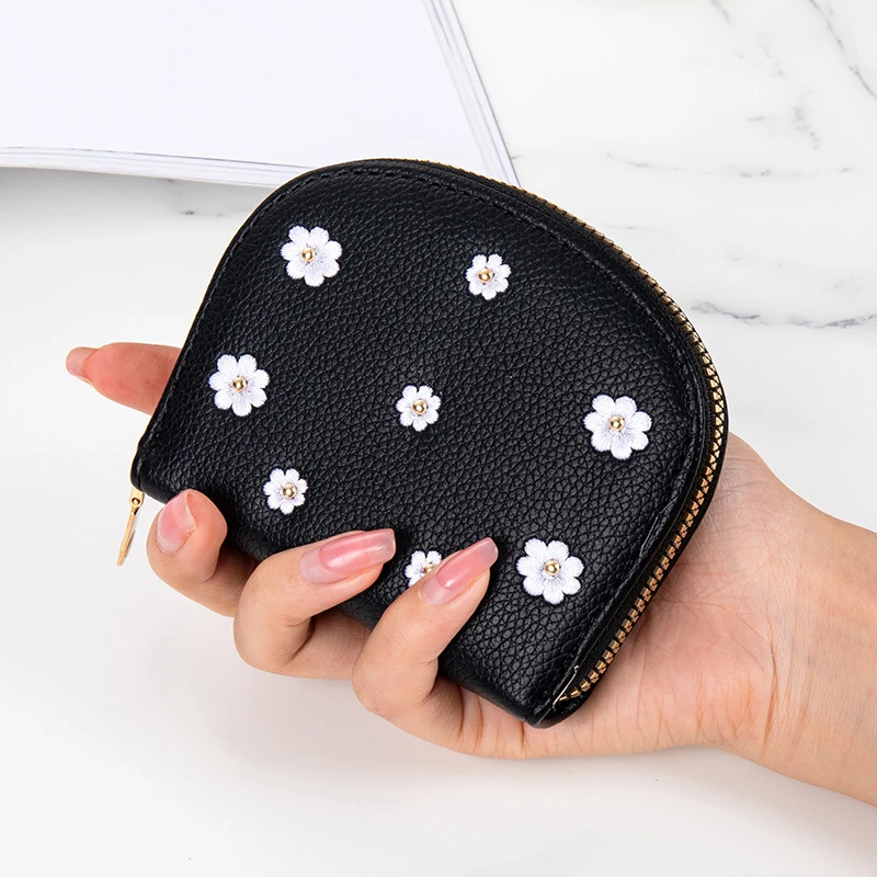 

Women Card Holder Wallet PU Leather Female Card Case 9 Bits+2 Big Position Zipper Credit Card Wallet Flower Embroidery Card Bag