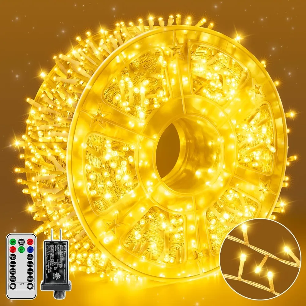 Рождественские гирлянды 1200 светодиодов, 196 футов, 8 режимов, гирлянды с регулируемой яркостью, пульт дистанционного управления и таймером, водонепроницаемые для праздничных украшений