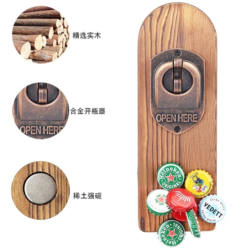 Wall Mounted Bottle Opener with Magnetic Cap Catcher, Wooden Refrigerator Mount, Home Decor