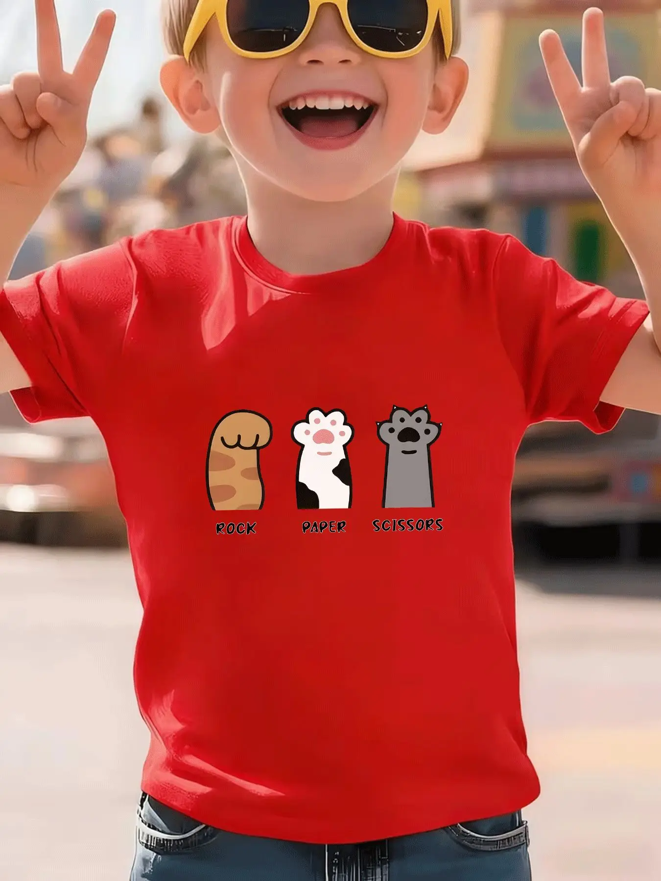 Children's Casual T-shirt, Casual Trend, Cat Paw, Stone Scissors, Fabric Pattern, Daily Street Style, Parent-child Outfit