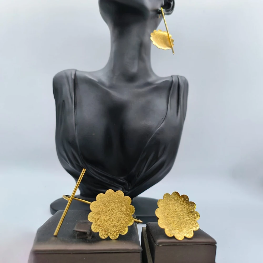 Dubai Gold Plated Earrings and Ring Jewelry Set for Party Dangle Earrings and Cuff Bangle Ring Set for African Jewellery Gifts