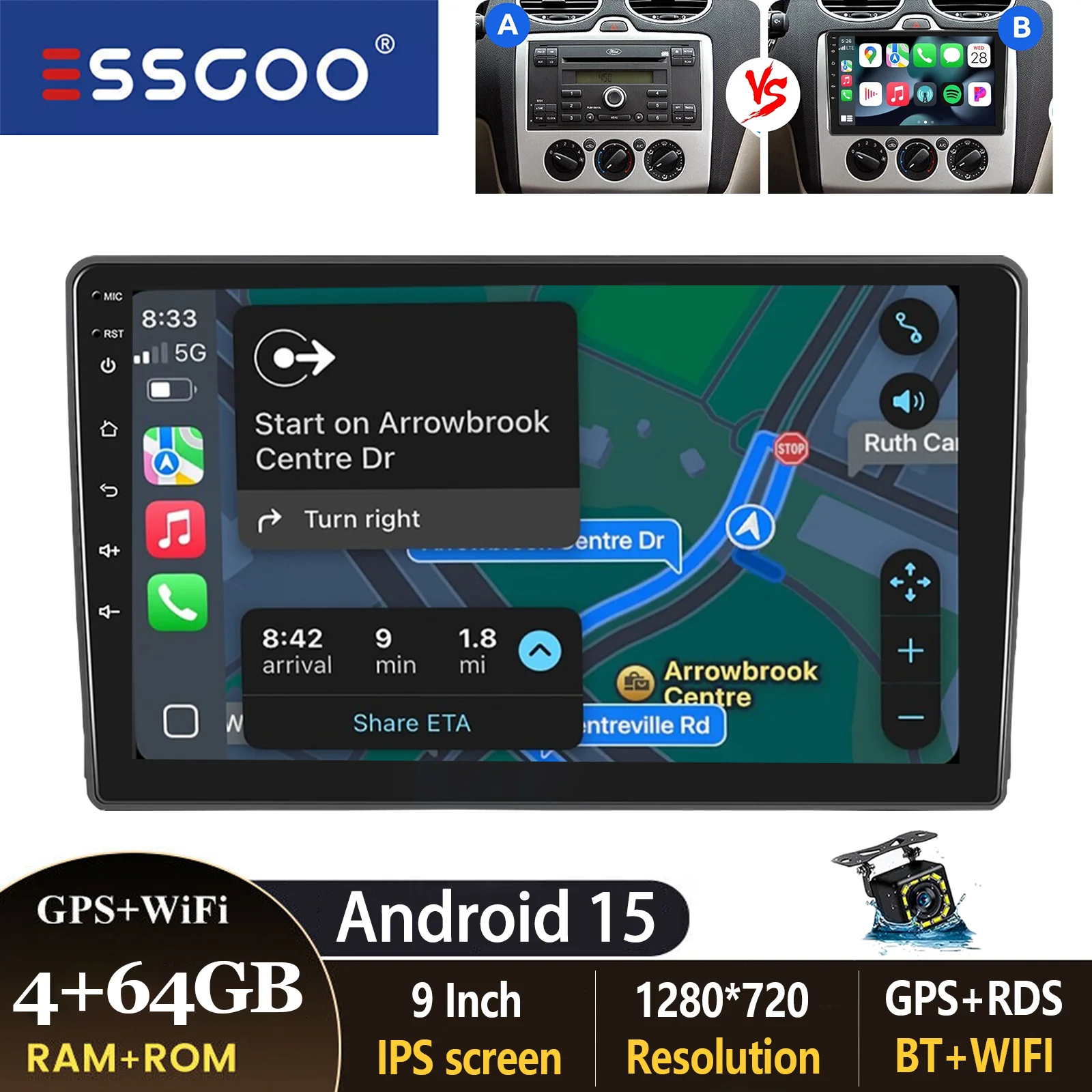 ESSGOO 9 inch autoradio voor Ford Focus MK2 Transit MK7 C-Max S-Max Kuga Galaxy Connect met Carplay, Android Auto, GPS, BT, FM, RDS en SWC - afbeelding 1