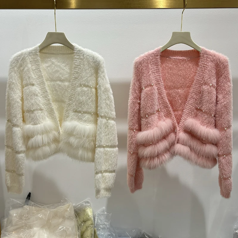 2025 Cappotto a maniche lunghe lavorato a maglia maglione autunnale da ragazza con decorazione esterna in pelliccia di volpe naturale rosa da donna