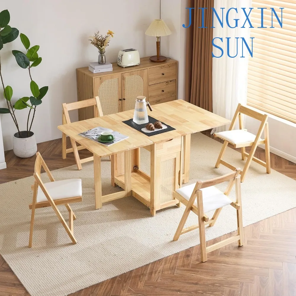 5-Piece Folding Dining Table Set, Extendable Drop Leaf Solid Wood Table with 4 Chairs, Drawers & Wheels, Space-Saving Design fo