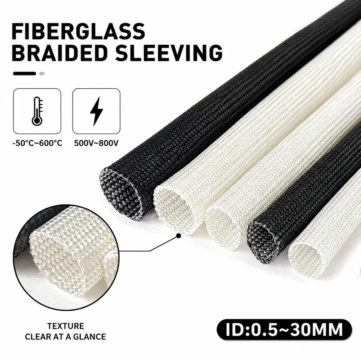 Black/White 1/2/3/510M 600 Degree Glassfiber Sleeve ID 0.5-35mm Corrosion Resistant Cable Insulation Protection Pipe