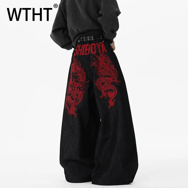 

WTHT Fashion Men’s Letter Embroidery Contrast Color Denim Pants Trendy 2025 Autumn Wide Leg Straight Jeans Male 2A2249