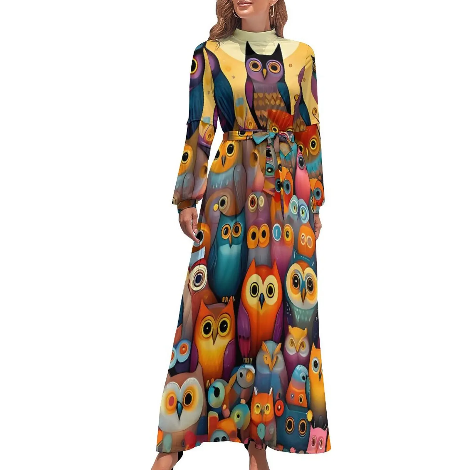 Colorful Bold Owl Print Dress  Sexy Maxi Dress Aesthetic Beach Long Dresses High Waist Custom Clothes