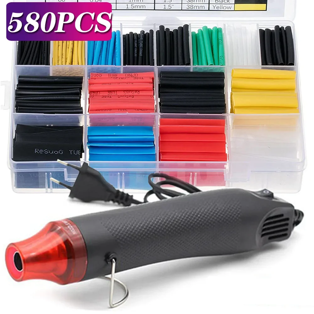 

580/530/127PCS Heat Shrink Tubing kit 2:1 Shrinkable Wire Shrinking Wrap Tubing Wire Connect Cover Protection with Hot Air Gun