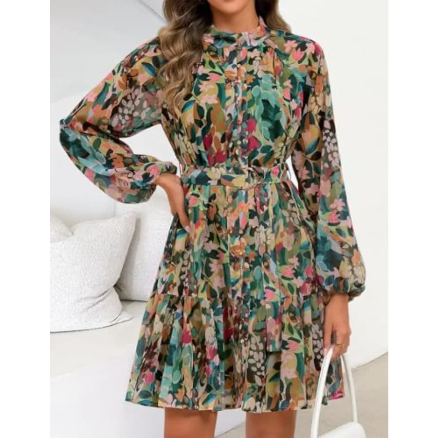 ZESICA Gaun Mini Wanita Motif Bunga Musim Semi Musim Panas Lengan Panjang Kancing Chiffon A-Line Swing Pendek untuk Pesta Pernikahan