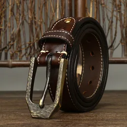 3.8CM High Quality Natural Cowskin Genuine Leather Belt Men Casual Copper Buckle Business Male Strap for Luxury  Men Belt