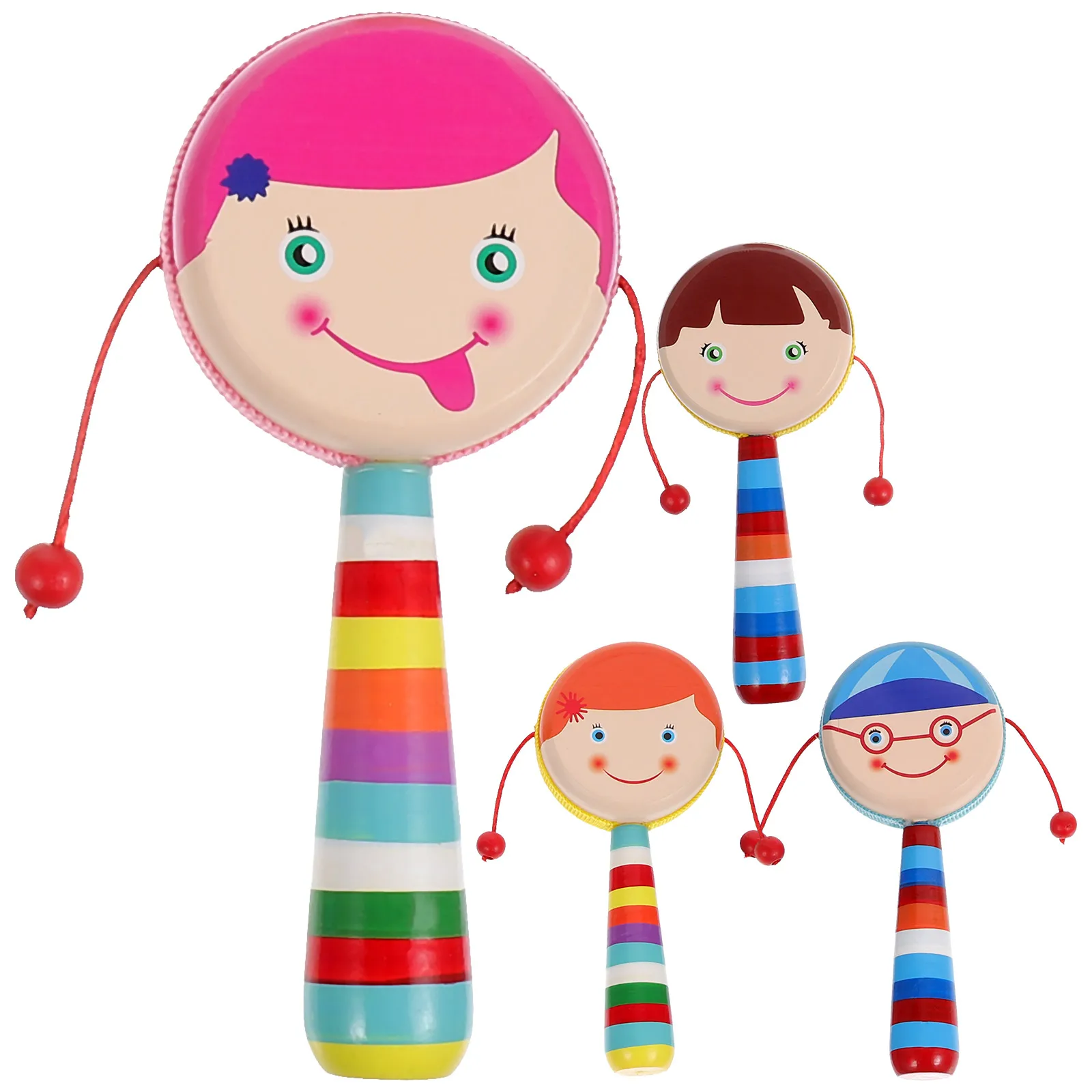 

4 Pcs Toys for Toddlers Rattle Drum Infant Children Manual Cartoon Printing Hand Baby Wood Rattles