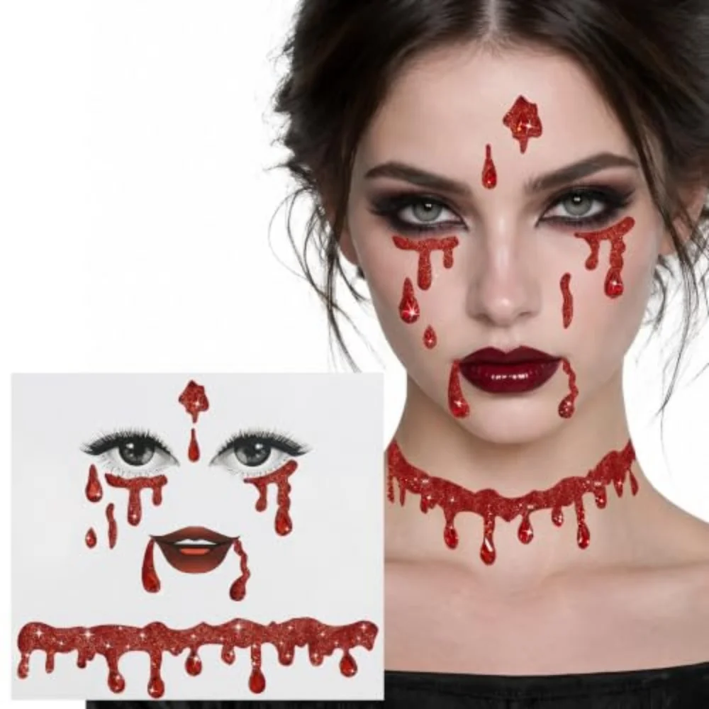 Halloween Red Blood Drip Face Gem Stickers Self‑Adhesive Blood Drop Rhinestone Decals for Cosplay Party Costume Makeup