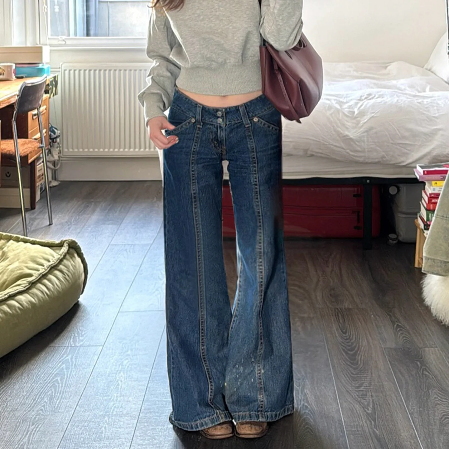 Y2K American Retro Jeans Split Slim Fit Design Casual Basic Versatile Spicy Girl Bell Bottom Pants