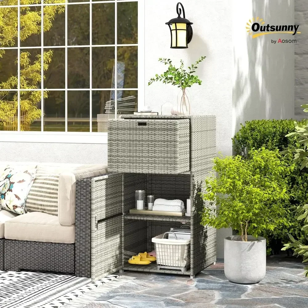 Gray Outdoor Pool Storage Cabinet with Rattan Baskets, Weatherproof for Spa and Hot Tub Accessories, 24x24x47