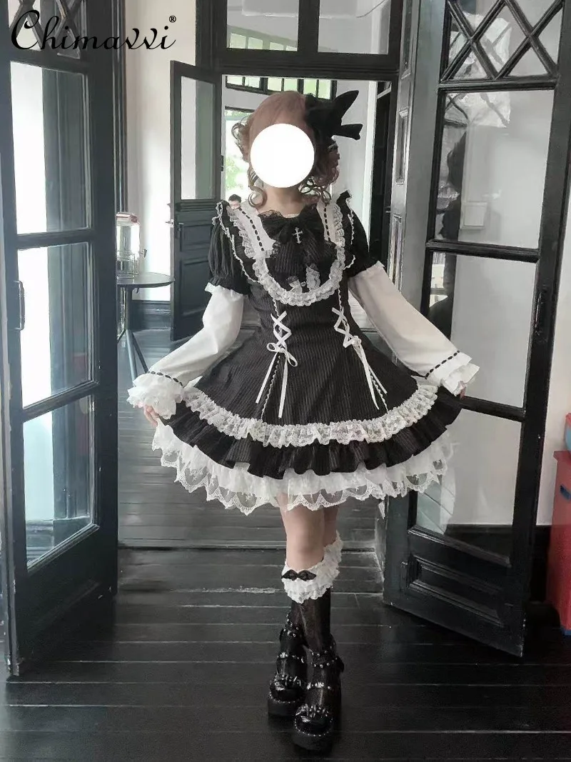gothic lolita black and white dress Dark In Love - Super Bowknot Black - - Black - XL Multiple layers of ruffles cascade down the skirt Twin Lolita OP Black/White Goth