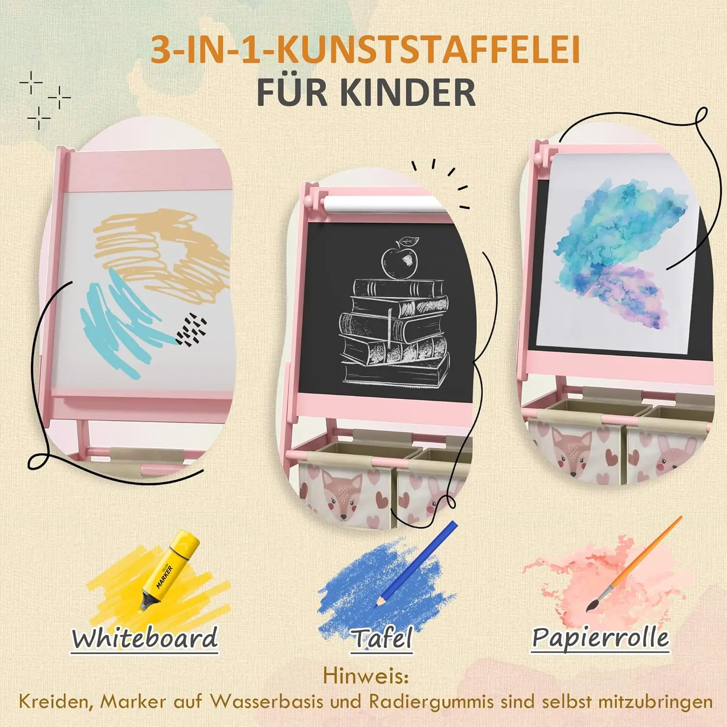 حامل فني للأطفال 3 في 1 مع سبورة بيضاء ولفة ورق وسلال تخزين بتصميم حيوانات وردية للأعمار من 3 إلى 8 سنوات #3