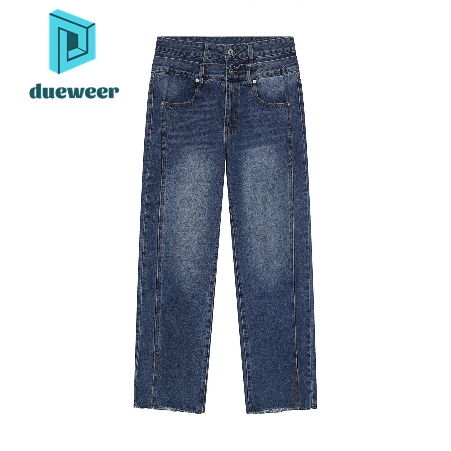 

DUEWEER Korean Fashion High Waist Design Raw Edge Hem Slit Jeans Men Baggy Straight Denim Pants Trousers Vintage Streetwear