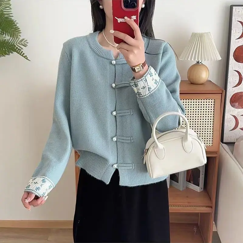 New Chinese Style Loose Women's Knitted Open Cardigan Outerwear Spring Autumn Fashionable Casual Standard Fit Polyester Fiber