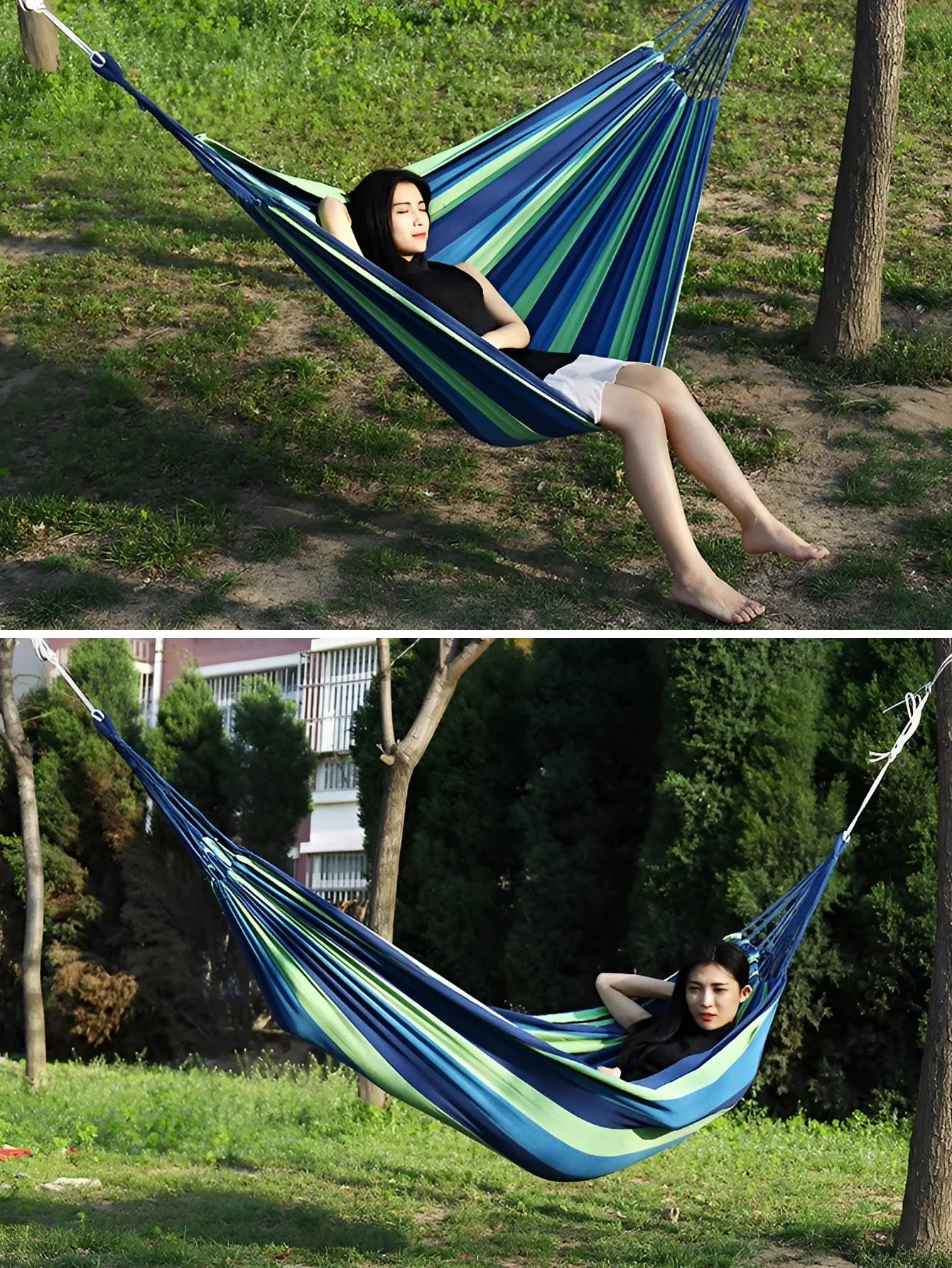 Blue 260 * 75cm outdoor camping hammock with rope, anti rollover canvas hammock, double thick hammock image 2