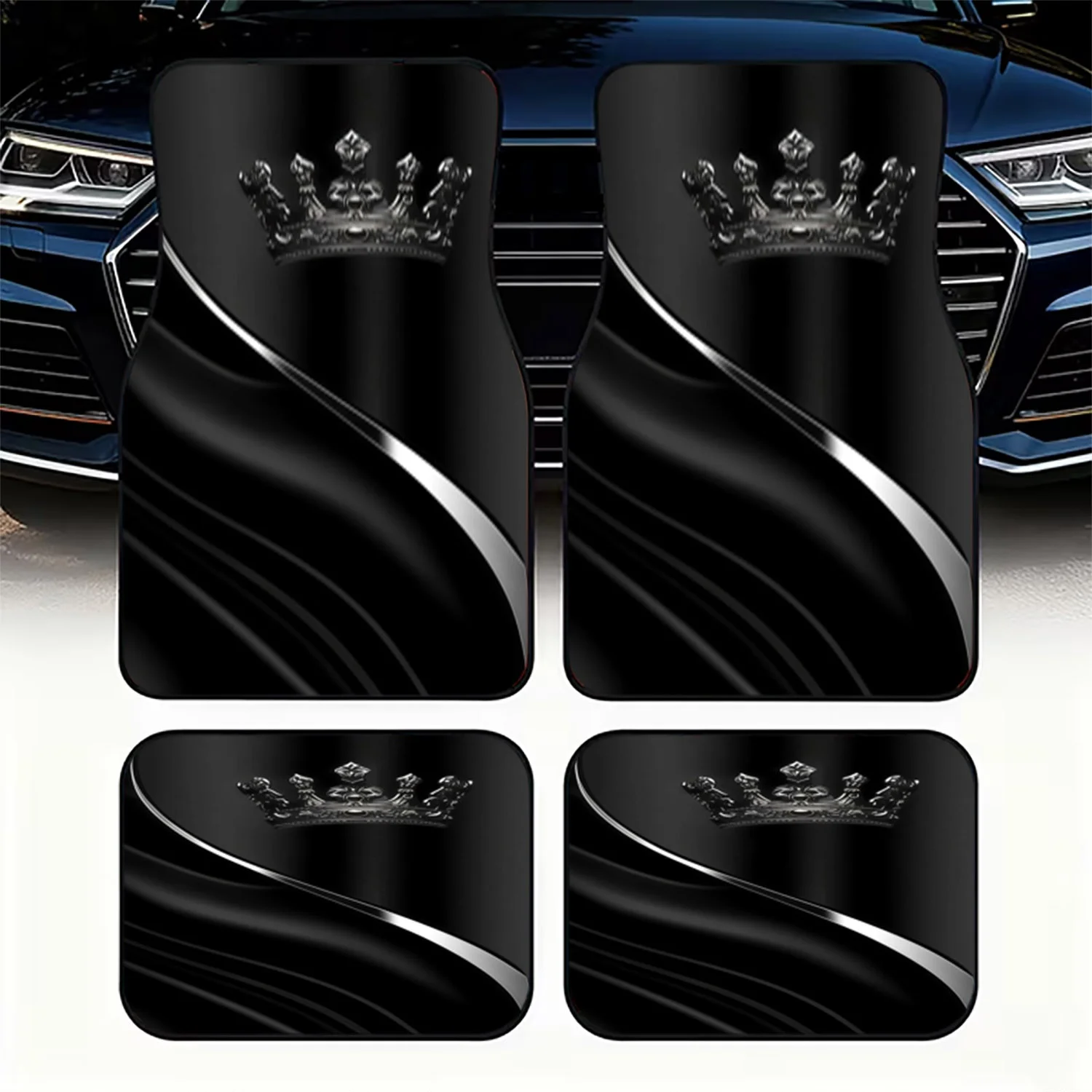 4pcs Luxury Crown-Themed Car Floor Mats | Elegant Regal Interior Additions, Durable & Stylish Polyester Auto Foot Mats For Vehic
