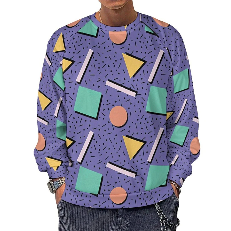 Retro 80s 90s Sweatshirt Men Street 3d Printed Geometric Round Neck Sweatshirts Unisex Vintage Casual Oversized Pullovers Tops