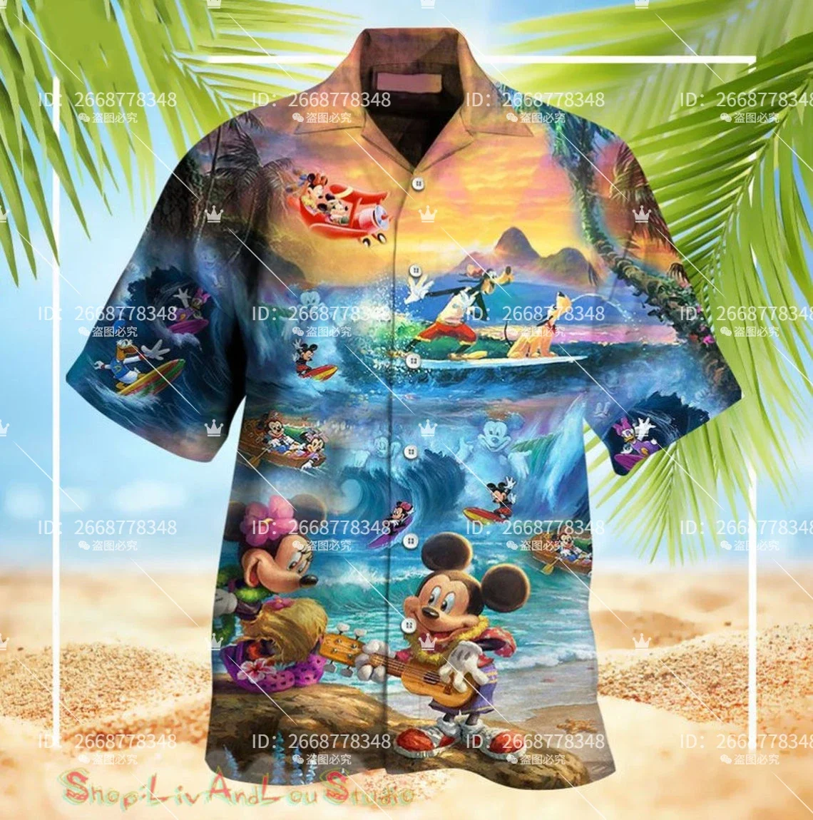 Baju lengan pendek Retro pria, baju lengan pendek Retro kancing atas, kemeja Disney Mickey Hawaii, kemeja pria