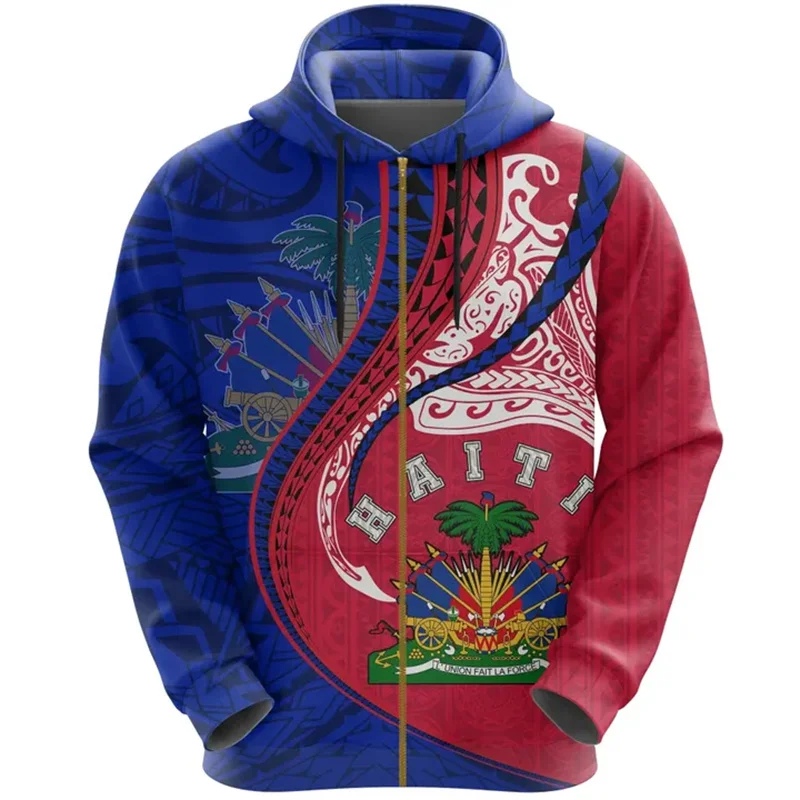 Autumn Vintage 3D Printing Haiti National Tribal Flag Zip Up Hoodies Haiti Coat Of Arms Graphic Zip Up Sweatshirts Mens Clothing