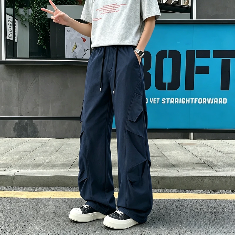 Amerikanische Dünne Eisseide Weiße Arbeitshosen für Herren Sommer Einfarbig Schnelltrocknend Streetwear Herren Mode Lose Vielseitige Freizeithosen