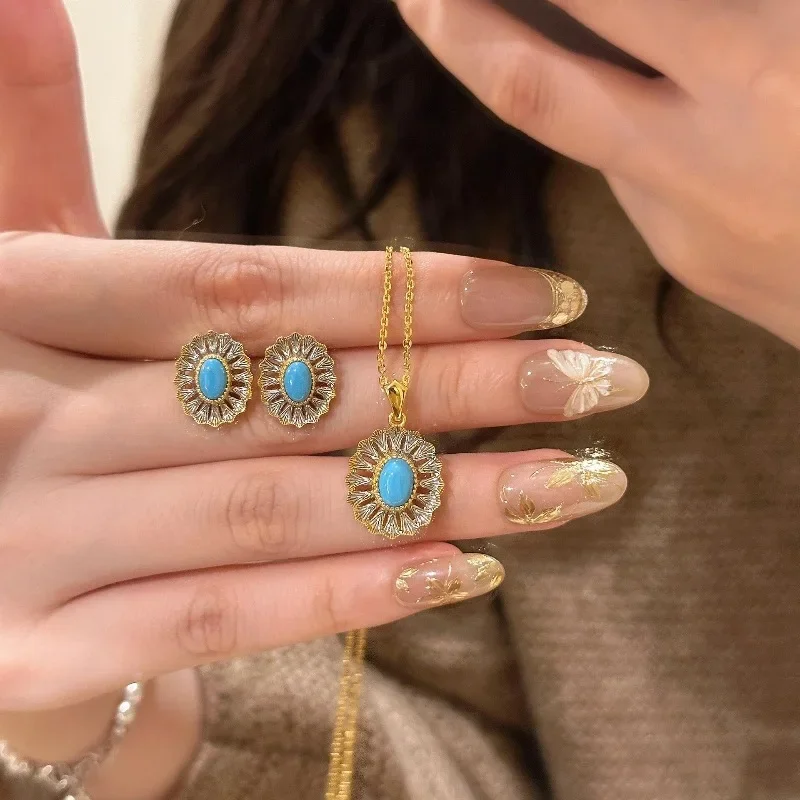 أقراط الفيروز الكلاسيكية للنساء قلادة قصر نمط أنيق الرجعية الخفيفة الفاخرة القطع الناقص الزهور مجموعات المجوهرات #3
